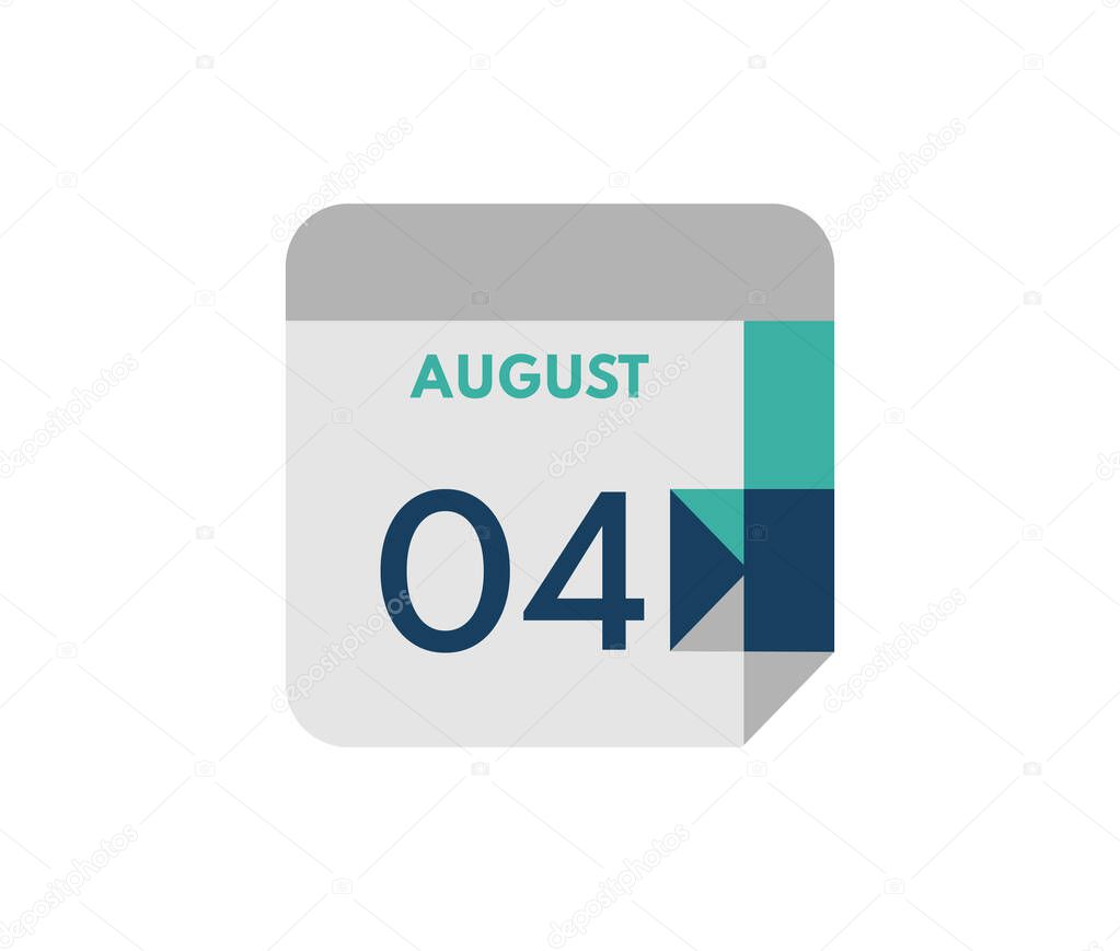 August 4 flat daily calendar date, 4 August Single Day Calendar  Icon