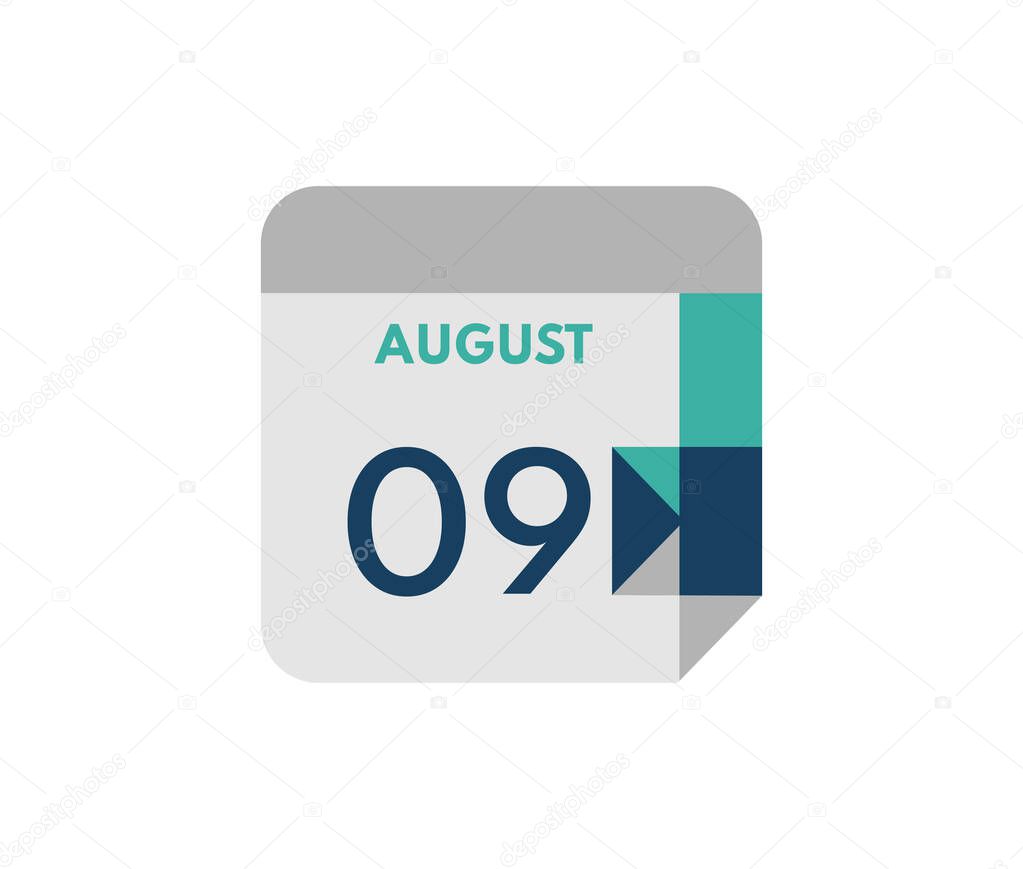 August 9 flat daily calendar date, 9 August Single Day Calendar  Icon
