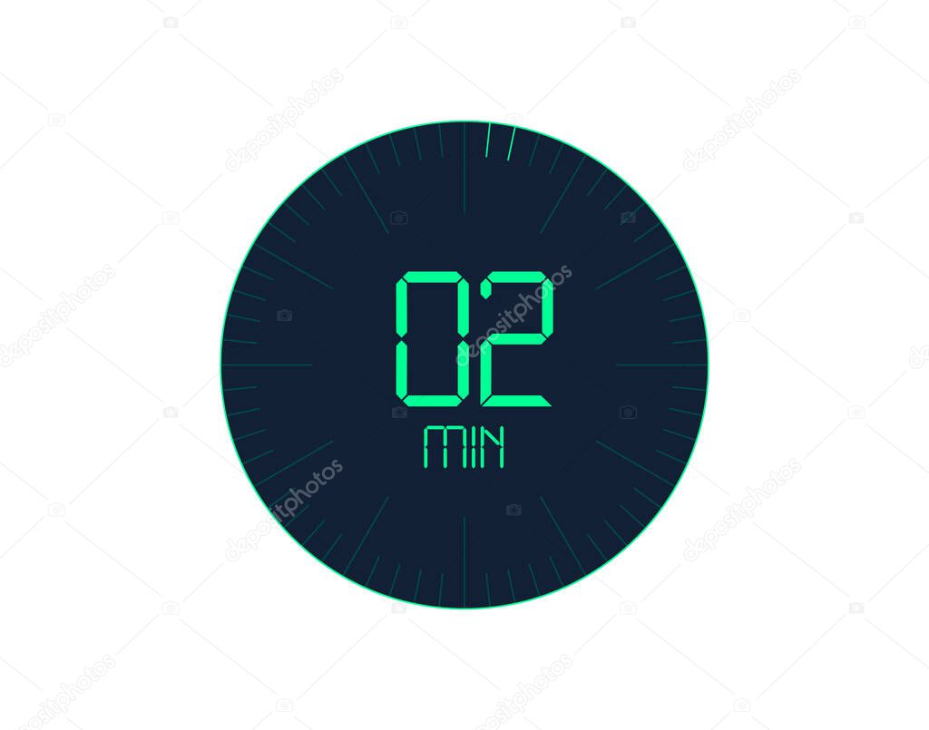 2 min Timer icon, 2 minutes digital timer. Clock and watch, timer, countdown