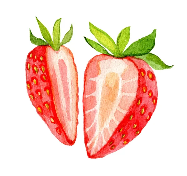 Strawberry Slices Cut Strawberries Pieces Isolated White Background Watercolor Illustration — Stock Photo, Image