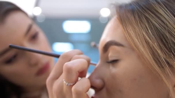 Fiatal barna nő sminkes festő festeni egy szőke lány egy szépségszalonban Festék a szem kontúr — Stock videók
