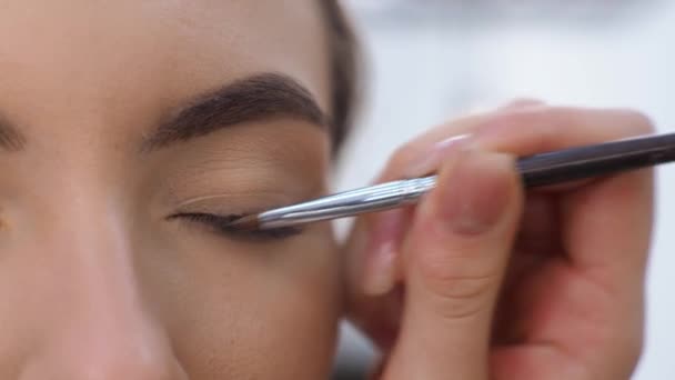 Young brunette woman make-up artist paints a blonde girl in a beauty salon Paints the eye contour — Stock Video