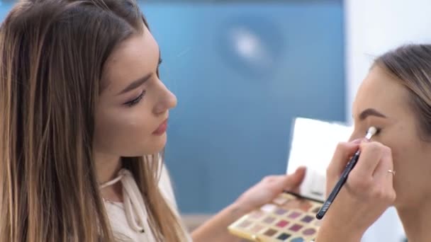 Молодая брюнетка визажистка рисует блондинку в салоне красоты — стоковое видео