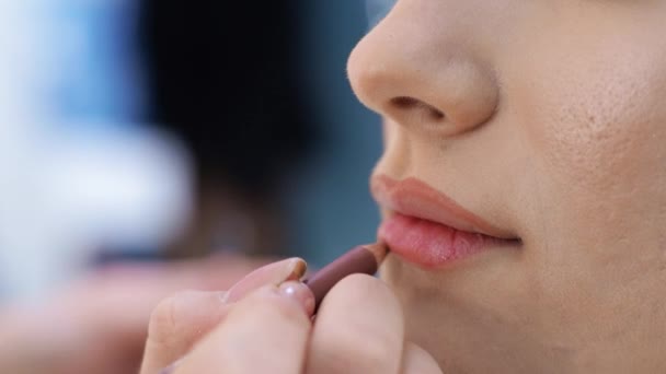Jonge brunette vrouw make-up kunstenaar schildert een blond meisje in een schoonheidssalon Schildert lippen — Stockvideo