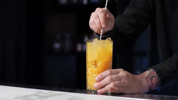 Jovem novato bartender trainee preparando um coquetel não alcoólico cara descuidado Sea buckthorn limonada — Vídeo de Stock