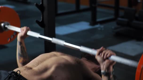 Young man works out in the gym Serious focused Shakes his arms, pushes the barbell — Stock Video
