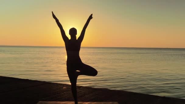 Mujer rubia joven dedicada al yoga en la playa junto al fondo marino del amanecer o atardecer — Vídeo de stock