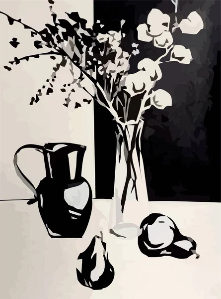 Noir Blanc Nature Morte Avec Une Cruche Des Poires Des — Image vectorielle