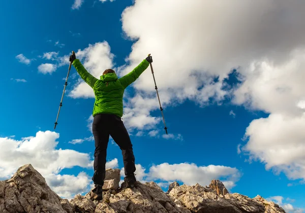 Vandrare du njuter av utsikten från toppen av berget — Stockfoto