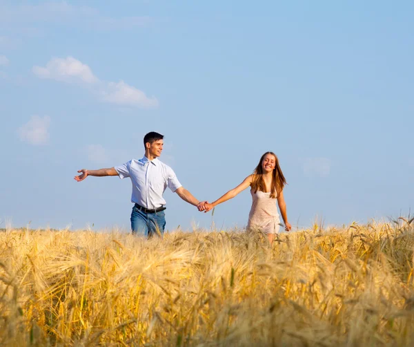 Mladý pár procházel pšeničné pole — Stock fotografie