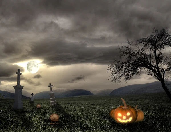 Cimetière d'Halloween effrayant avec citrouille — Photo