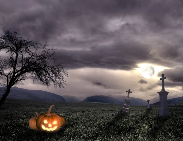 Gruseliger Halloween-Friedhof mit Kürbis — Stockfoto
