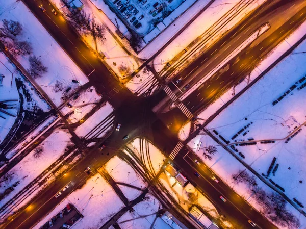 Aerial winter sunset drone view. Crossroads of walkways in residential district — Stock Photo, Image
