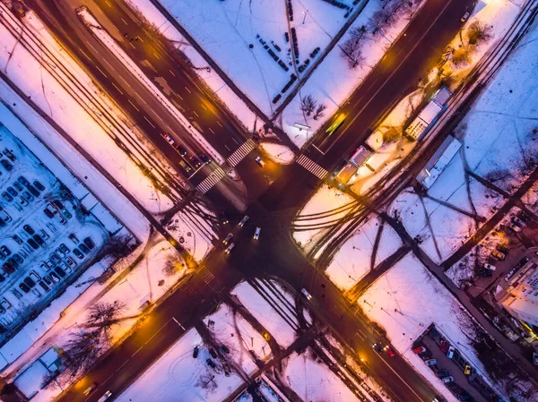 Aerial winter sunset drone view. Crossroads of walkways in residential district — Stock Photo, Image