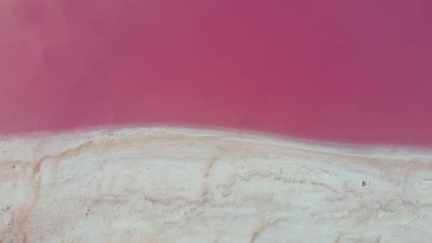 Вид з повітряного безпілотника на туманне солоне мінеральне озеро з рожевою водою і береговою лінією — стокове відео
