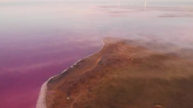 Pembe suyu ve kıyı şeridi olan tuzlu maden gölü için hava aracı görüntüsü