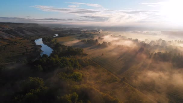 Luchtfoto drone uitzicht op zonsopgang over mistige rivier — Stockvideo