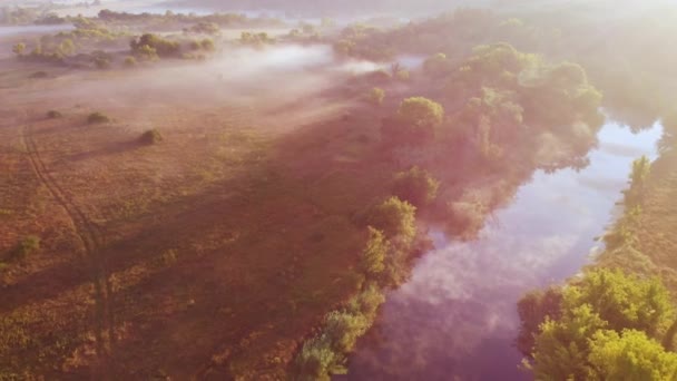 Flygdrönare utsikt över soluppgången över dimmiga floden — Stockvideo