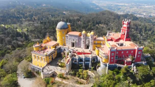 4K Aerial drone view of Pena Palace Sintra Lisbon Portugal UNESCO World Heritage — Stock Video