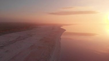 Pembe suyu ve kıyı şeridi olan tuzlu maden gölü için hava aracı görüntüsü