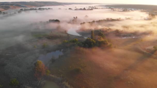 Luchtfoto drone uitzicht op zonsopgang over mistige rivier — Stockvideo