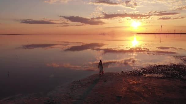 Luchtfoto drone surrealistisch uitzicht op zonsondergang meer en meisje — Stockvideo