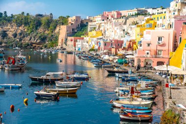 Aerial drone view of Corricella fisherman village in Procida island Naples Italy clipart
