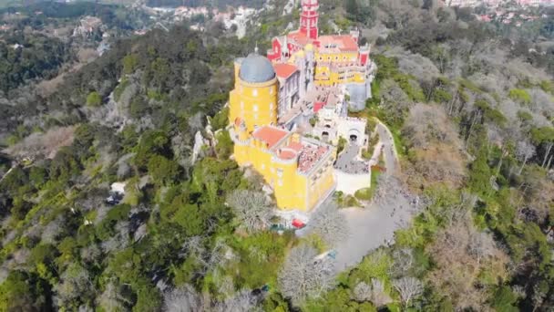 Sintra Lizbon 'daki Pena Palace Romantik Kalesi 4k hava aracı görüntüsü — Stok video