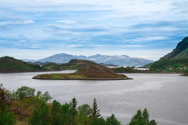 Vista panorámica de fiordos y montañas de nieve, Noruega, Lofoten —  Fotos de Stock