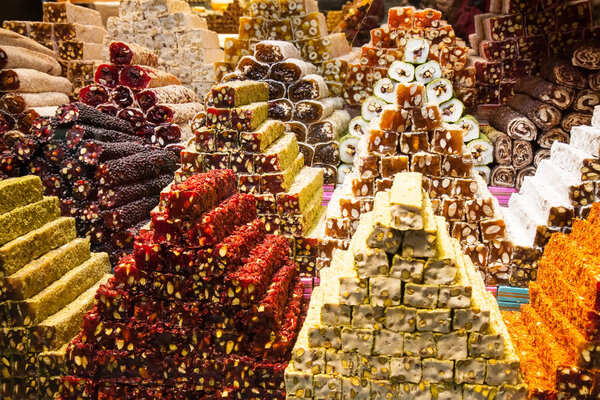 Turkish delight sweets at the Spice Market in Istanbul Turkey