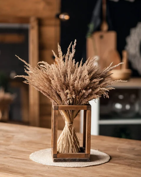 Wooden Decor Pampas Grass Kitchen Table Scandinavian Interior Rustic Close — Stock Photo, Image