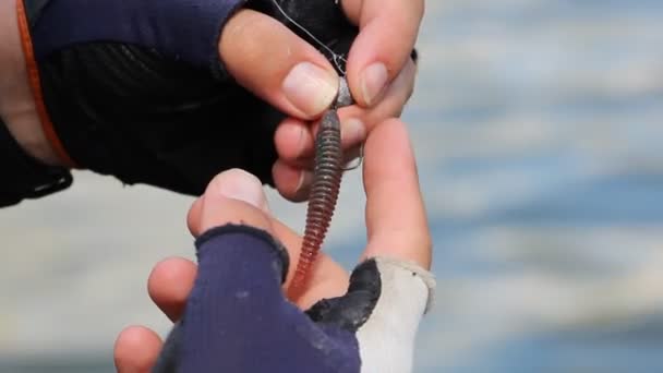 Le pêcheur vérifie la netteté du crochet avec une poignée de doigt — Video