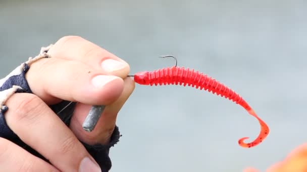 Isca no gancho na mão dos pescadores — Vídeo de Stock