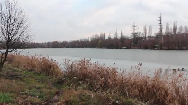 Tiroteio acelerado do pôr do sol no lago. Temporada de outono — Vídeo de Stock