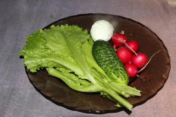 Groenten, groene komkommer, radijssalade en ei liggen op het bord — Stockfoto