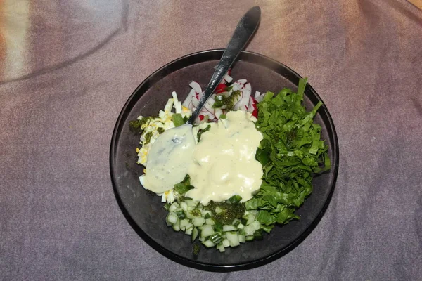 Die kalte Suppe ist fertig zum Kochen. es ist möglich, einen gesunden vegetarischen Salat zuzubereiten — Stockfoto