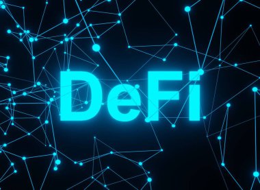 DeFi - Yerel Finans ve Kripto Finans Endüstrisi, noktalı ve çizgili fütüristik koyu arkaplan