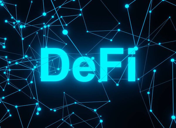 DeFi - Decentralized Finance and Crypto Finance Industry, futuristic dark background with dots and lines