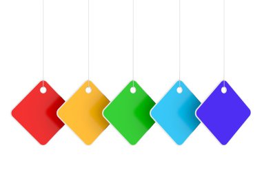 Five colored empty hanging labels