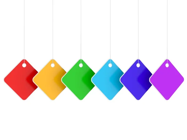 Six colored blank hanging labels — Stock Photo, Image