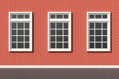 Three windows on red brick wall