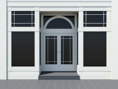 Shopfront büyük pencereler ile. Klasik beyaz mağaza cephe.