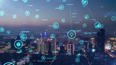 Akıllı Bağlı Şehir silueti. Gelecekçi ağ konsepti, şehir teknolojisi.