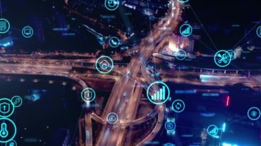 Akıllı Bağlı Şehir silueti. Gelecekçi ağ konsepti, şehir teknolojisi.