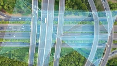 Hareket eden arabalarla yol kavşağının hava görüntüsü, otomatik pilot kavramı. Hareket eden arabalarla yol kavşağının görüntüsü, otomatik pilot kavramı..
