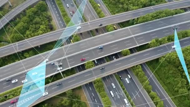 Vista Aérea Del Cruce Carreteras Con Coches Movimiento Concepto Piloto — Vídeo de stock