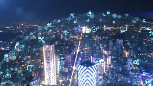 Cerdas Kota Connected Skyline Konsep Jaringan Futuristik Teknologi Kota — Stok Video