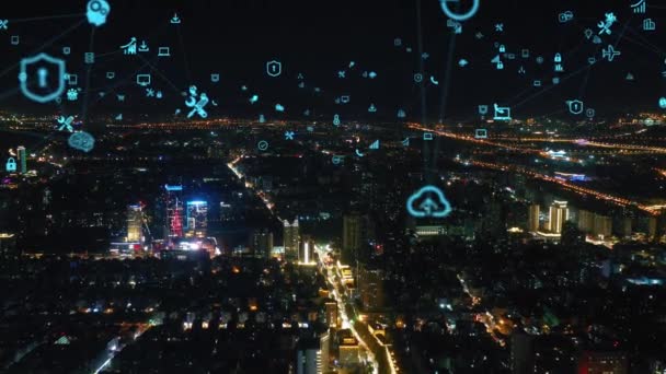 Skyline Cidade Conectada Inteligente Conceito Rede Futurista Cidade Tecnologia — Vídeo de Stock