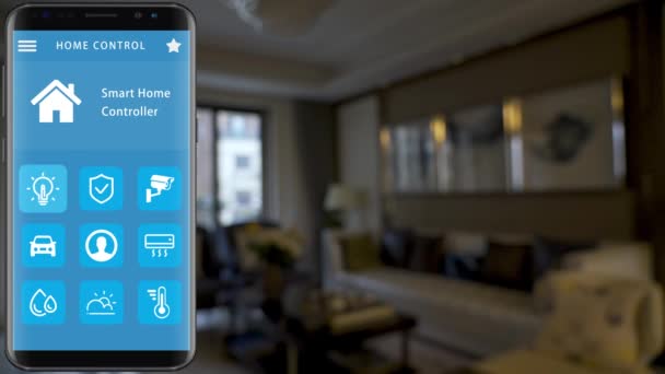 スマートホーム スマートハウス ホームオートメーション アプリアイコンを持つデバイス スマートフォン — ストック動画