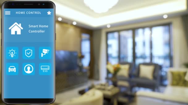 Smart Home Smart Hus Hemautomation Enhet Med App Ikoner Smarttelefon — Stockvideo